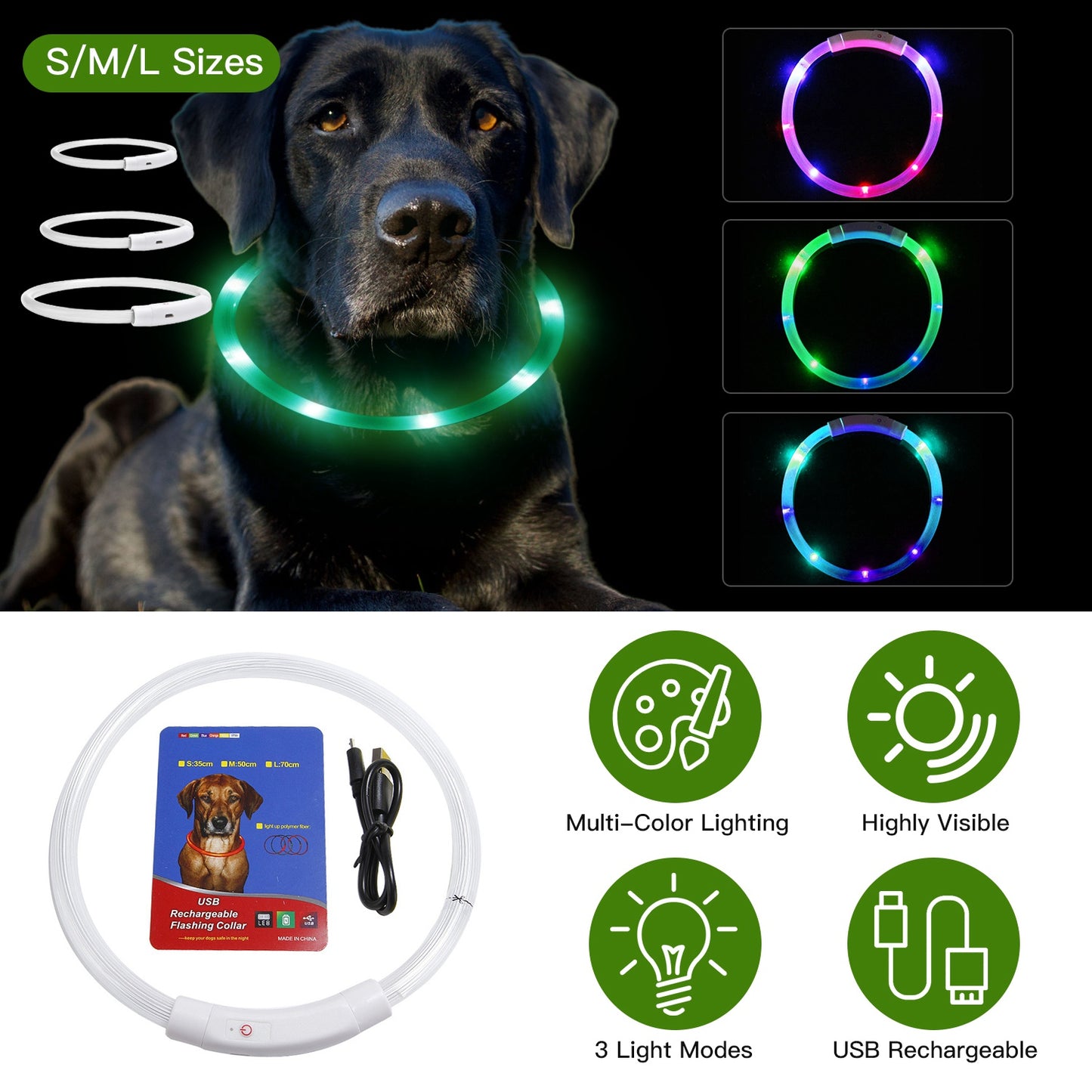 Dog wearing a LED collar with size options and color examples on a dark background