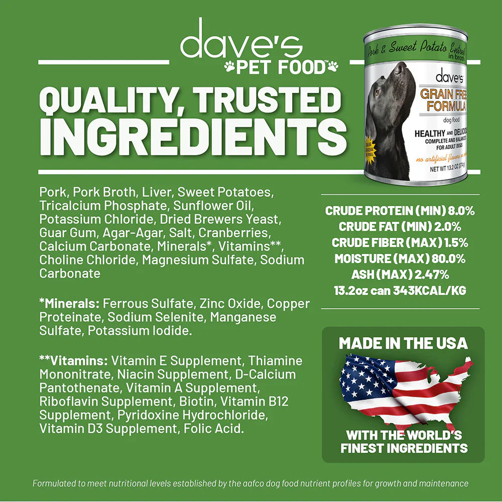 Dave's Grain Free Pork & Sweet Potato Entrée For Dogs (13.2oz)