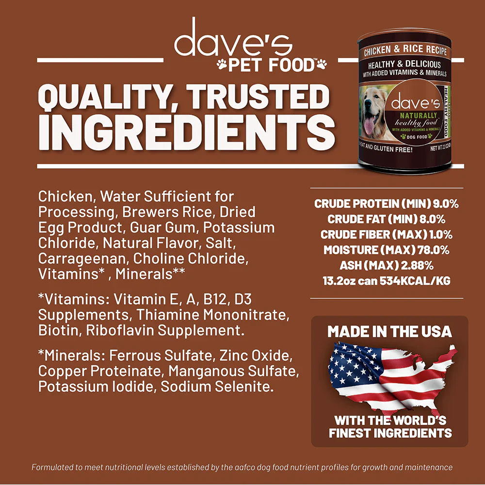 Daves Naturally Healthy Chicken & Rice Recipe Wet Dog Food (13.2oz)