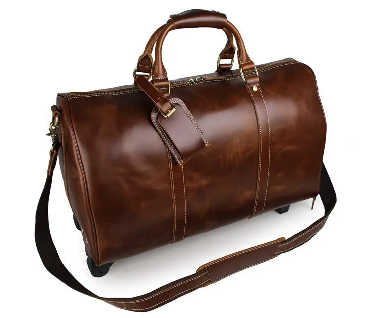 Durable Vintage Leather Men's Rolling Luggage Bag