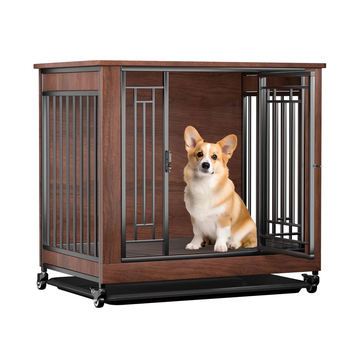 Dog Crate Furniture 32" Dog Kennel Furniture Small Dog Kennel Indoor Dog Crates for Small Dogs Wooden Dog Crate with Wheels Tray Feeding Window