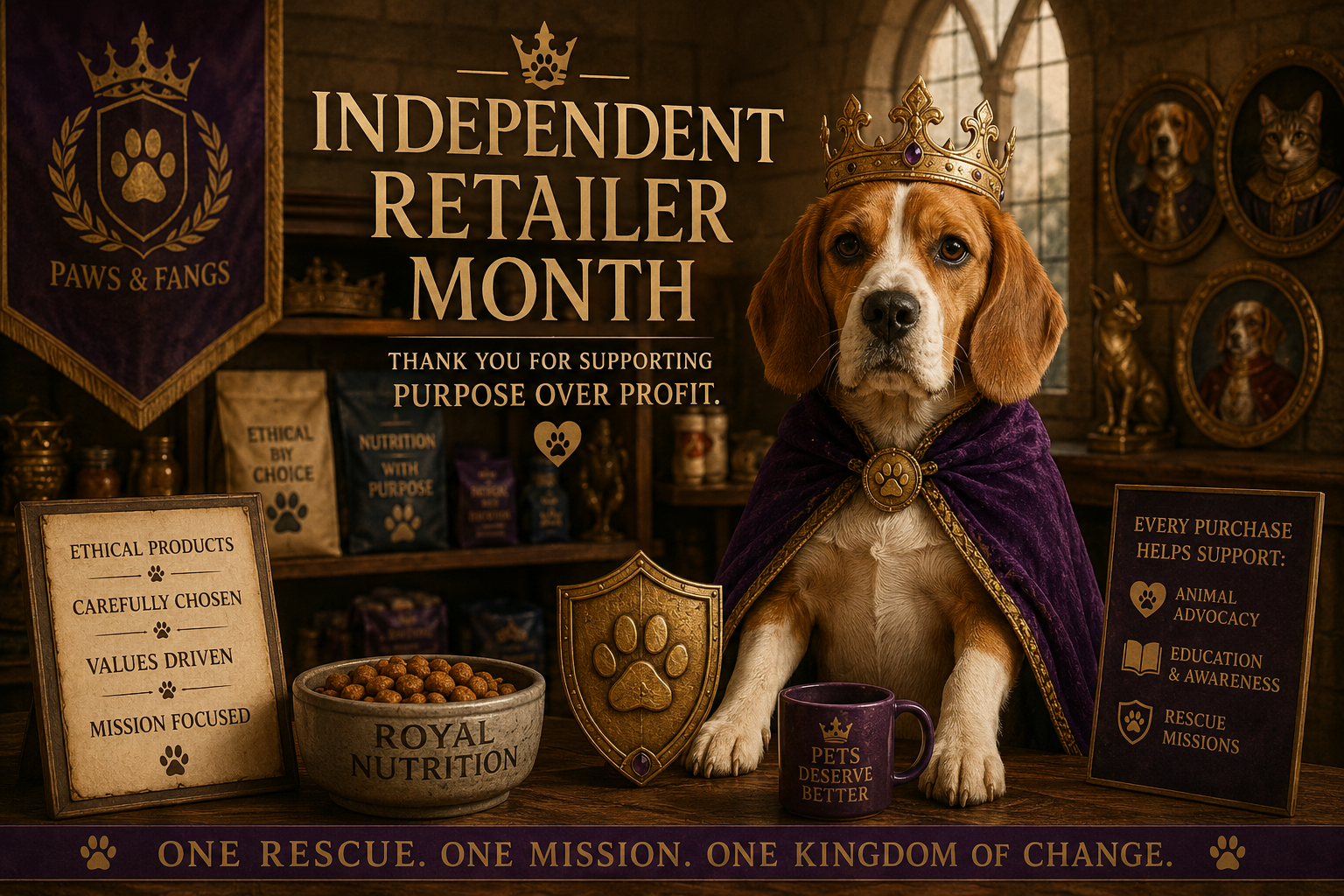 Royal beagle representing ethical pet care and advocacy during Independent Retailer Month.