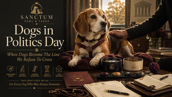 A dignified beagle in a warm dark luxury setting with advocacy papers, a soft bed, clean bowl, gold accents, and subtle courthouse or policy symbolism in the background.