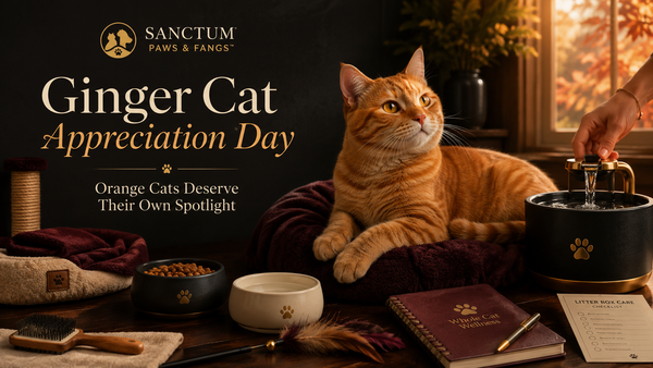 A ginger cat resting in warm September sunlight in a luxury home setting with clean bowls, enrichment toys, scratching surface, cozy bed, and whole-cat care details nearby.