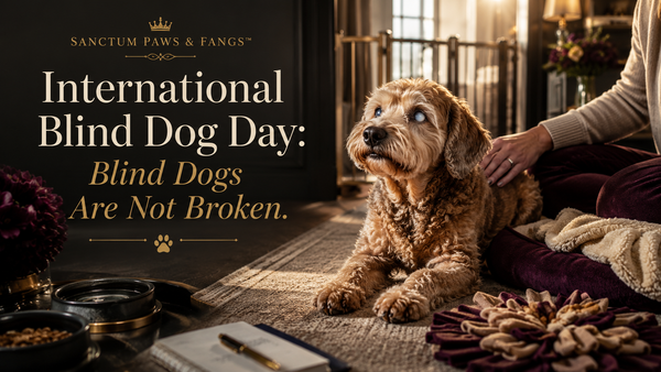 A calm blind dog in a warm luxury home setting with soft rugs, a stable water bowl, textured toys, and a guardian hand gently guiding with care.