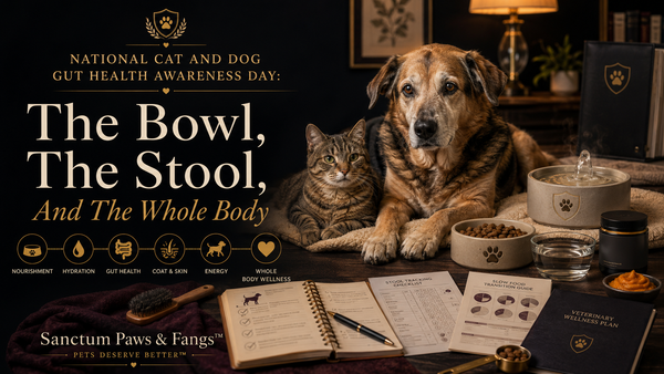 A calm cat and dog beside a thoughtful whole-pet nutrition setup with clean bowls, fresh water, quality food ingredients, a pet care notebook, and warm dark luxury wellness styling.