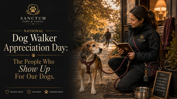 A calm dog walking safely with a trusted dog walker in warm September light, wearing secure gear, with a peaceful neighborhood path and luxury pet wellness styling.