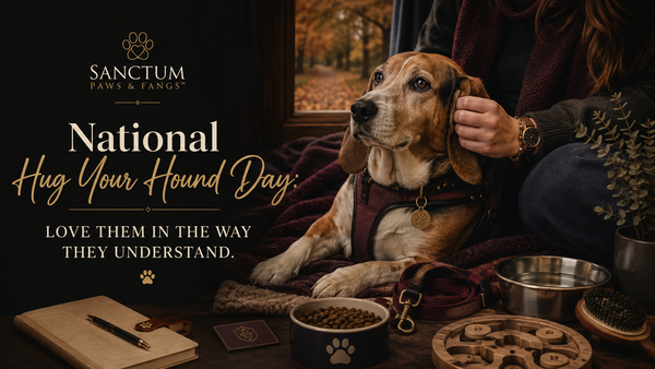 A calm hound dog resting beside a guardian in warm luxury home lighting with a secure harness, leash, cozy blanket, enrichment toy, clean bowls, and whole-hound care details nearby.