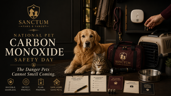 A calm dog and cat in a warm luxury home setting near a carbon monoxide alarm, emergency leash, carrier, pet safety checklist, and whole-household safety details.