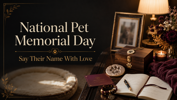 A warm pet memorial setting with a framed pet photo, collar, candle placed safely away, paw print keepsake, flowers, memory box, and soft golden light in a dark luxury home style.