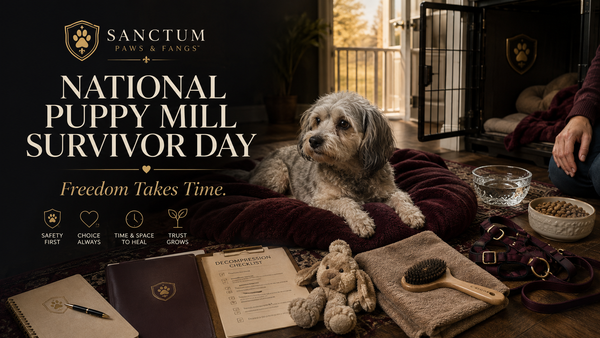 A calm former breeding dog resting safely in a warm luxury home setting with supportive bedding, clean bowls, gentle grooming tools, a care notebook, and soft light symbolizing recovery.