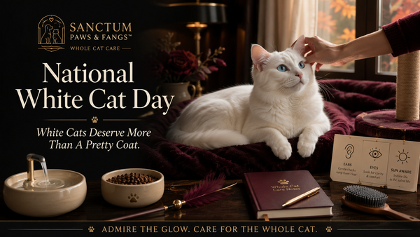 A white cat resting in soft September light in a luxury home setting with clean bowls, enrichment toys, scratching surface, cozy bed, grooming brush, and whole-cat care details nearby.