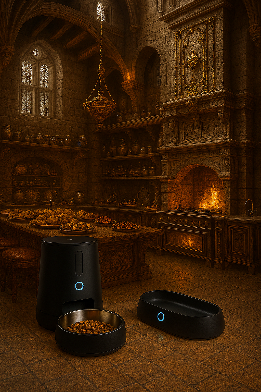 kitchen with automatic feeder and water bowl