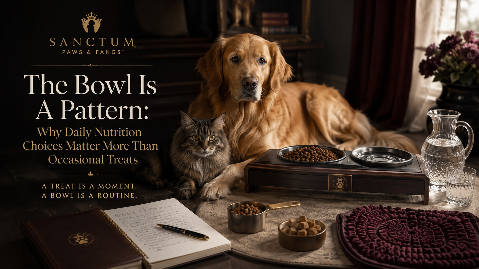 A clean pet feeding station with fresh food, water bowls, safe treats, a dog and cat nearby, and warm luxury wellness styling.