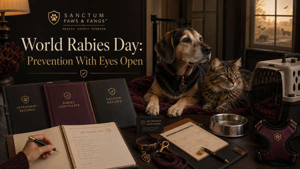  A calm dog and cat in a warm dark luxury wellness setting beside rabies vaccine records, a veterinary folder, fresh water, secure leash, carrier, and subtle wildlife-prevention symbols.