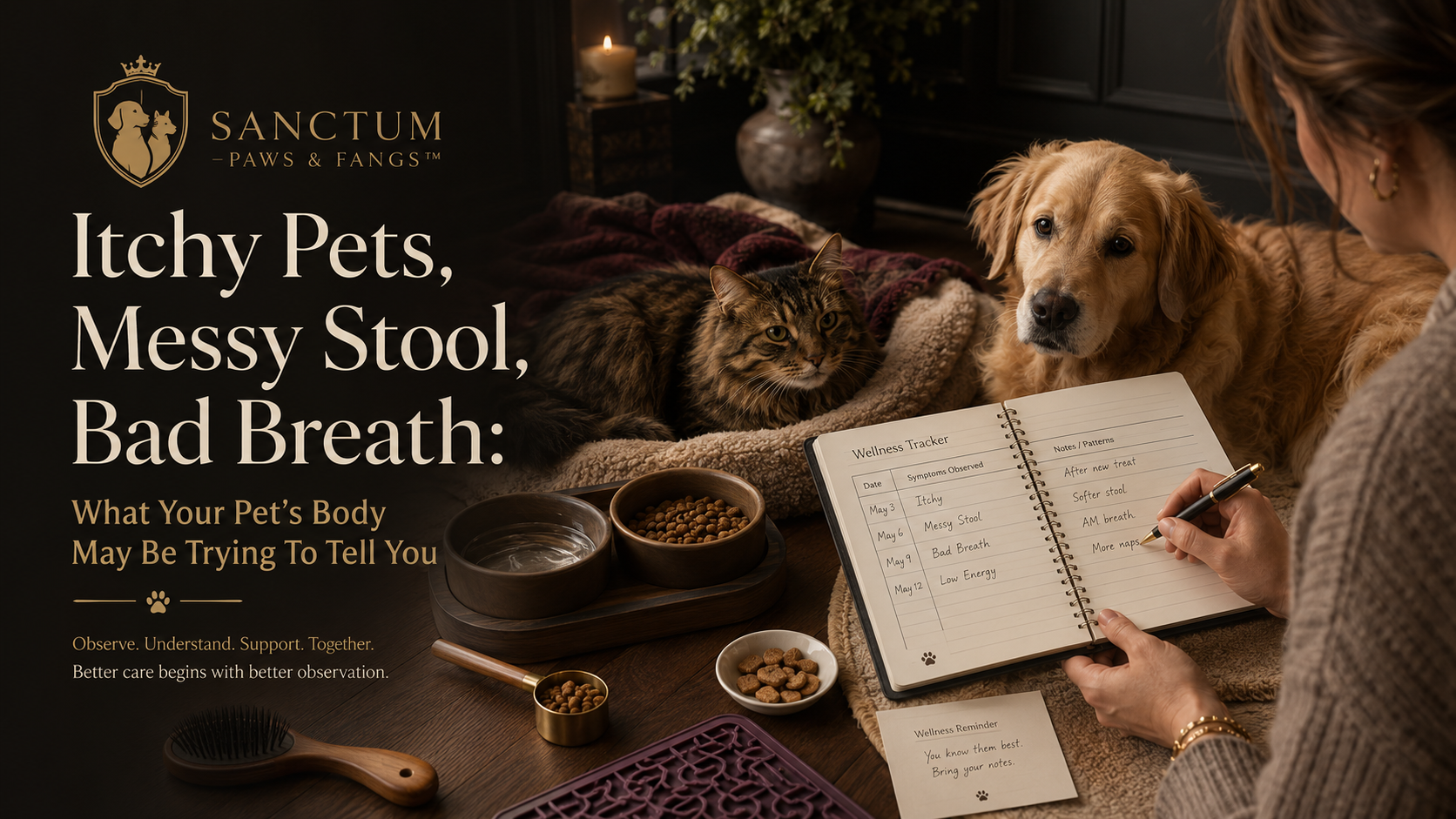 A concerned pet guardian reviewing a notebook near clean pet bowls while a calm dog and cat rest nearby in a warm luxury wellness setting.