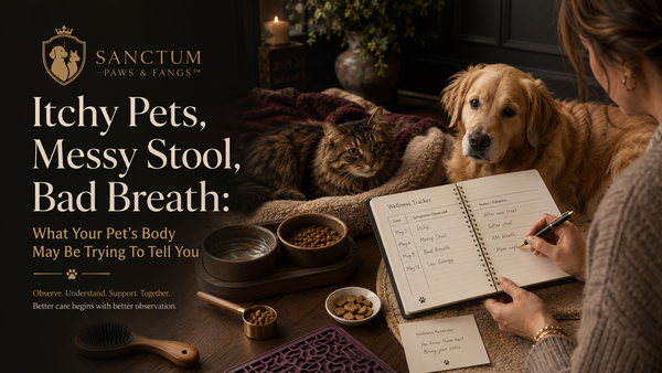 A concerned pet guardian reviewing a notebook near clean pet bowls while a calm dog and cat rest nearby in a warm luxury wellness setting.