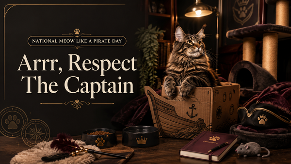 A playful cat sitting like a tiny household captain beside a cardboard box, clean bowls, enrichment toys, scratching post, and cozy perch in a dark luxury pirate-inspired home setting.