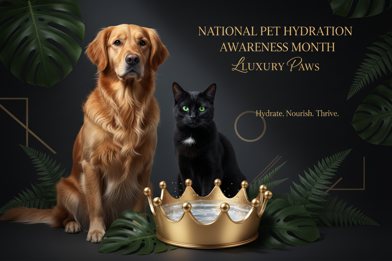 National Pet Hydration Awareness Month. Dog and Cat with a royal gold crown bowl of water