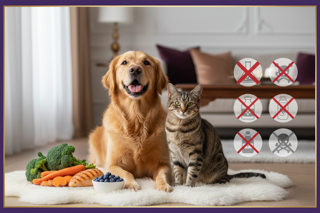 dog and cat next to good foods and a list of bad ingredients to banish from their diet