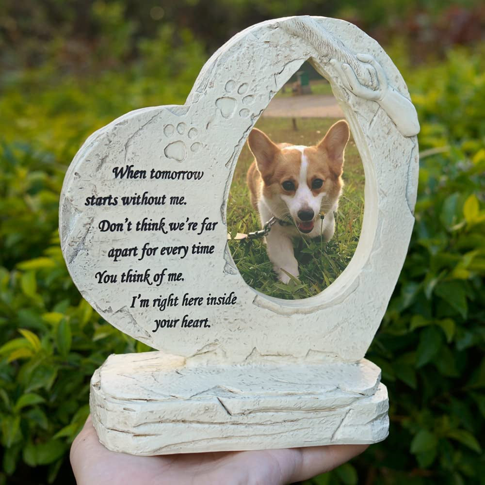 Heartfelt Heart Shaped Pet Memorial Stones with Photo Frame - Cherish Your Beloved Dog's Memory with Elegant Grave Markers for Indoor or Outdoor Use