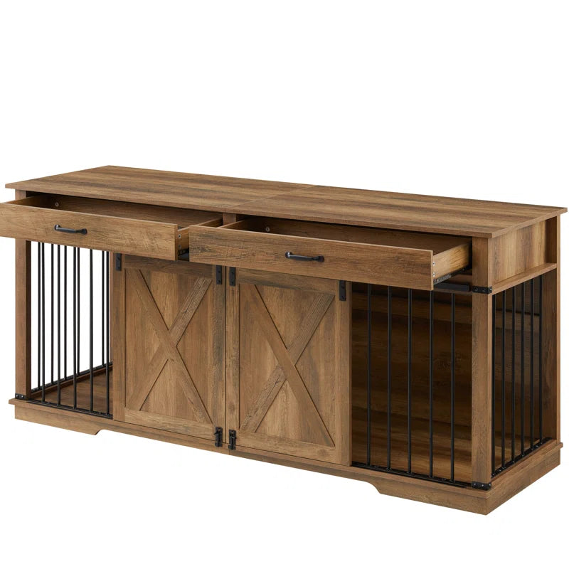 Barn Door Large Dog Crate Furniture with 2 Drawers and Divider