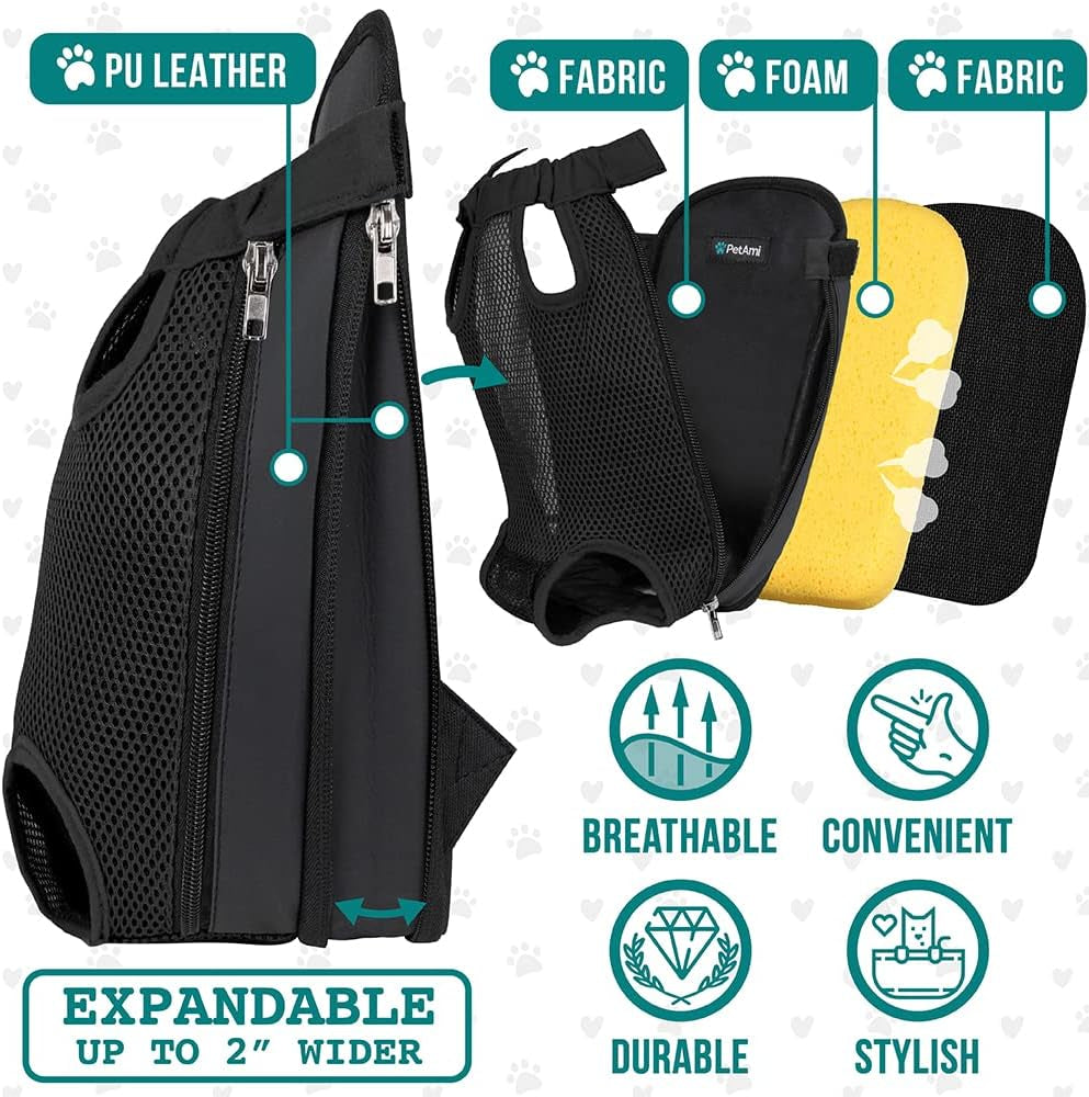 Comfortable Adjustable Dog Carrier Backpack - Ventilated Front Chest Pack for Hiking & Travel, Perfect for Small Dogs & Cats (5-9 lbs) - Stylish Black Design