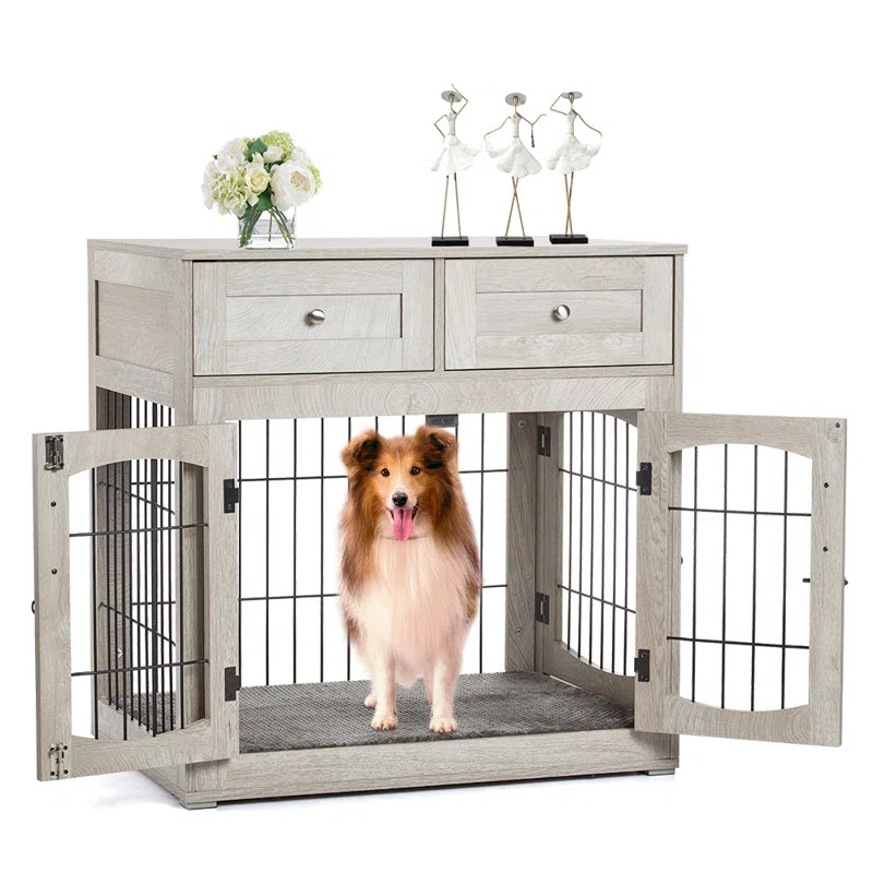 3-Doors Dog Crate Furniture with 2 Drawers