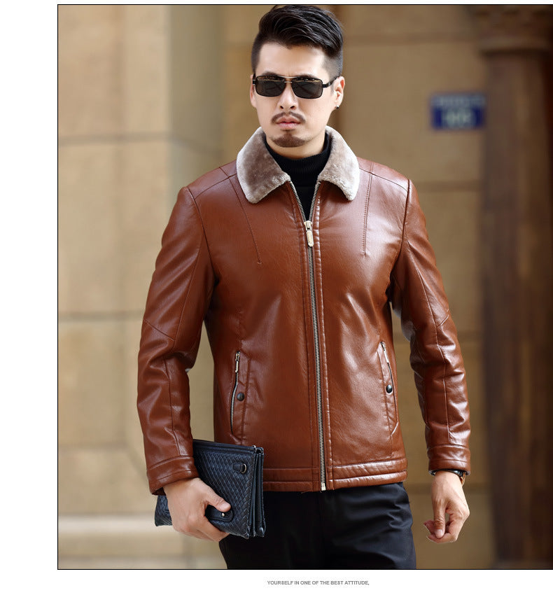 Leather jacket PU coat W/Faux fur lined collar