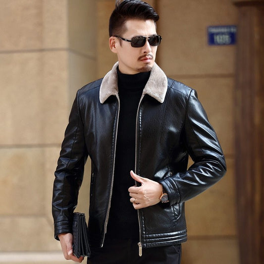 Leather jacket PU coat W/Faux fur lined collar