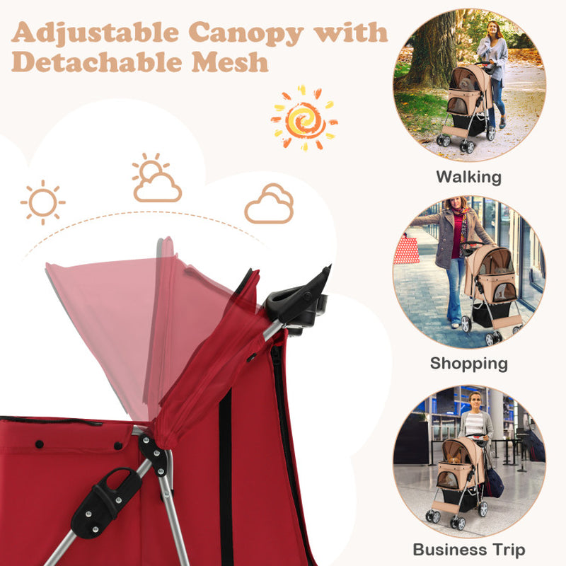 Folding Pet Stroller with Storage Basket and Adjustable Canopy
