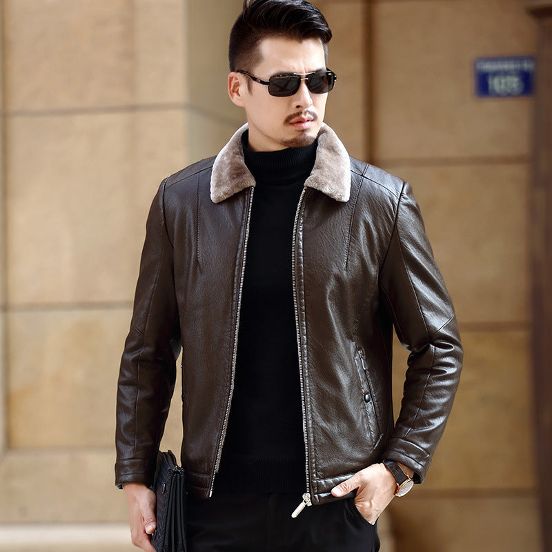 Leather jacket PU coat W/Faux fur lined collar