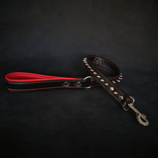 Black soft leather short spiked leash