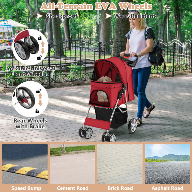 Folding Pet Stroller with Storage Basket and Adjustable Canopy