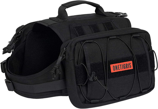 Tactical Dog Backpack for Medium & Large Breeds - Durable Nylon with Side Pockets for Hiking, Walking, and Training (Black, Large)