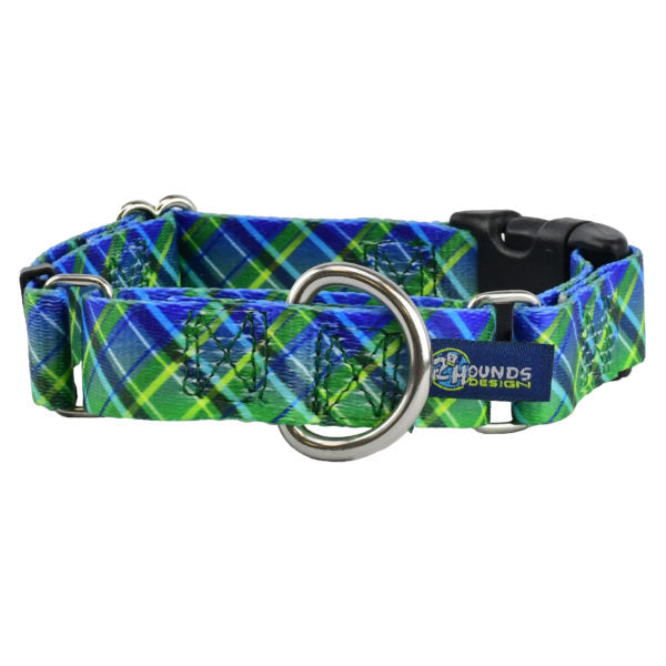 Electric Glow Green Plaid Buckle Martingale Dog Collar  EarthStyle