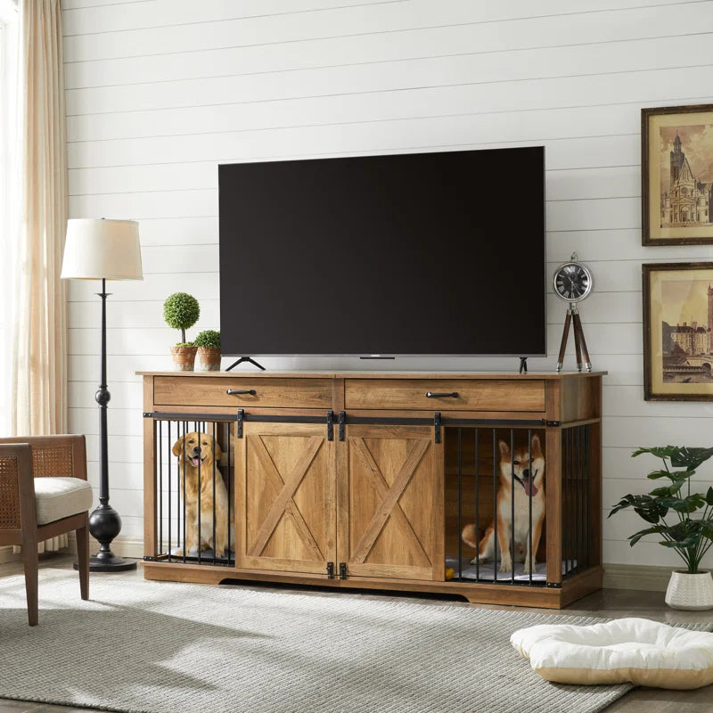 Barn Door Large Dog Crate Furniture with 2 Drawers and Divider