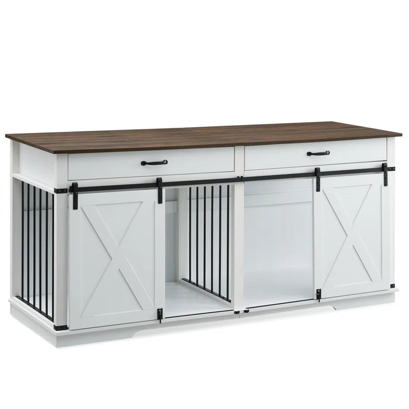 Barn Door Large Dog Crate Furniture with 2 Drawers and Divider