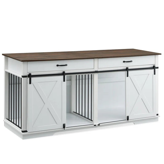 Barn Door Large Dog Crate Furniture with 2 Drawers and Divider