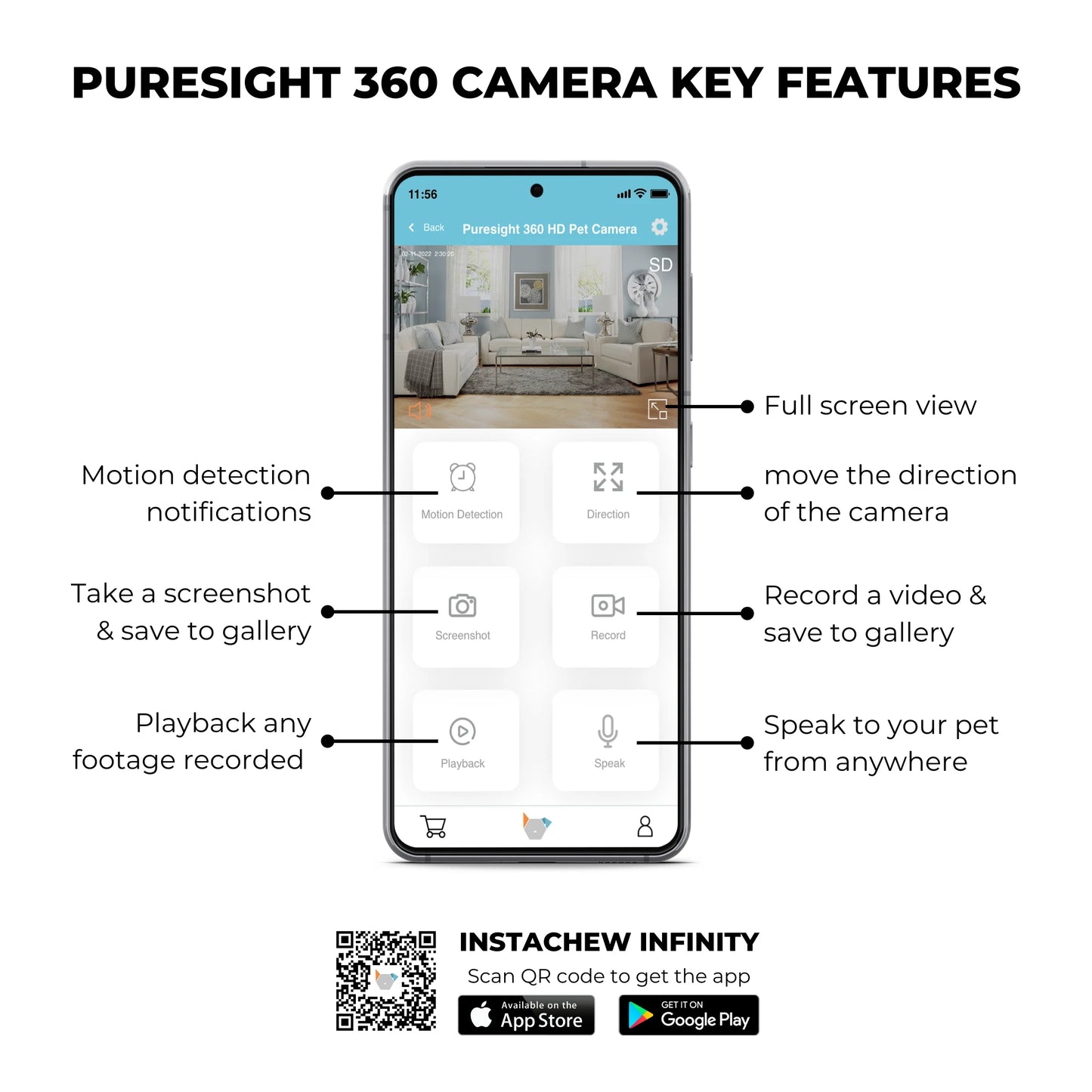 Purrsight 360° Smart Wireless Pet 1080P HD Video Camera 2-Way Audio Mobile App Indoor Security