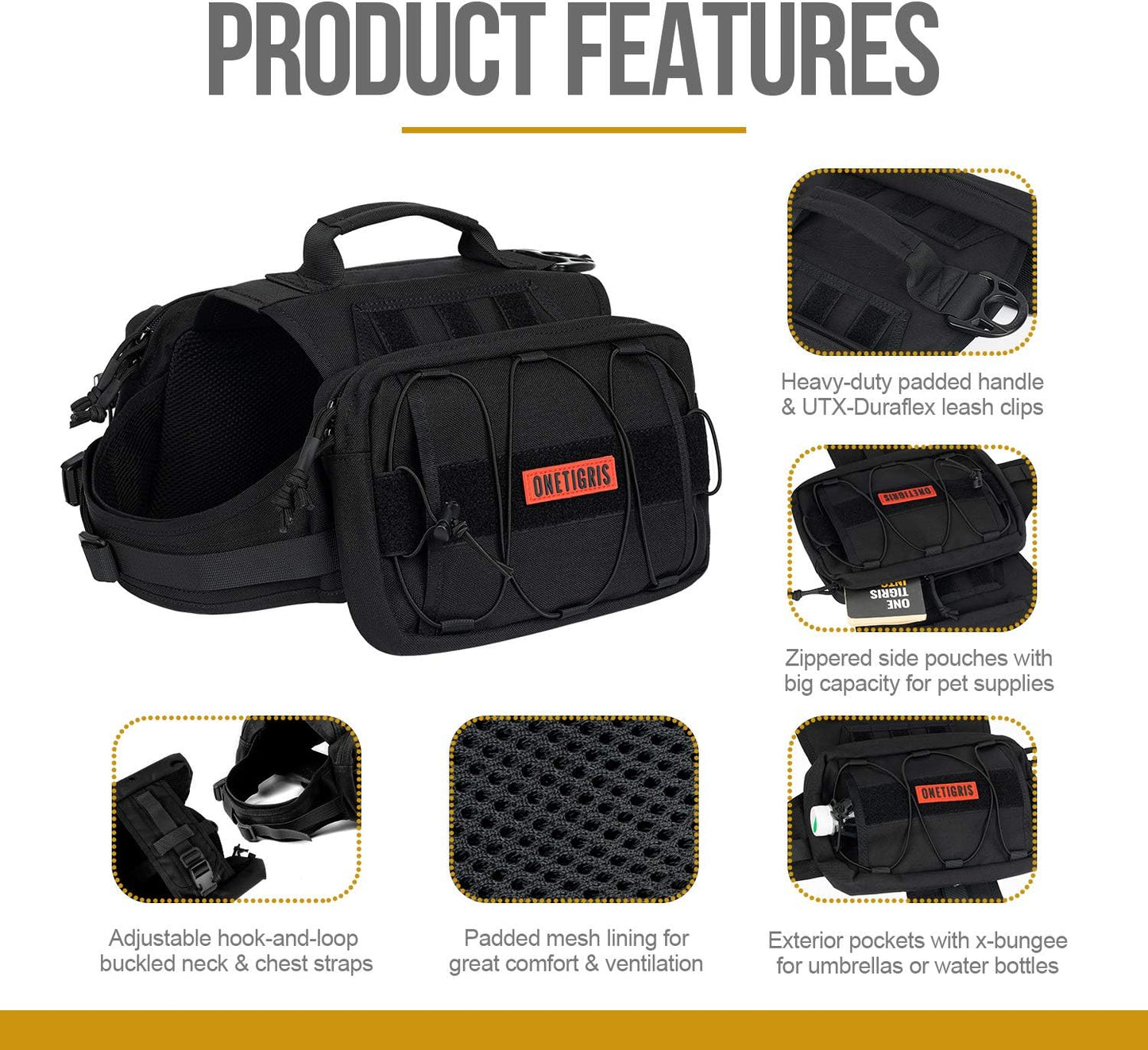 Tactical Dog Backpack for Medium & Large Breeds - Durable Nylon with Side Pockets for Hiking, Walking, and Training (Black, Large)