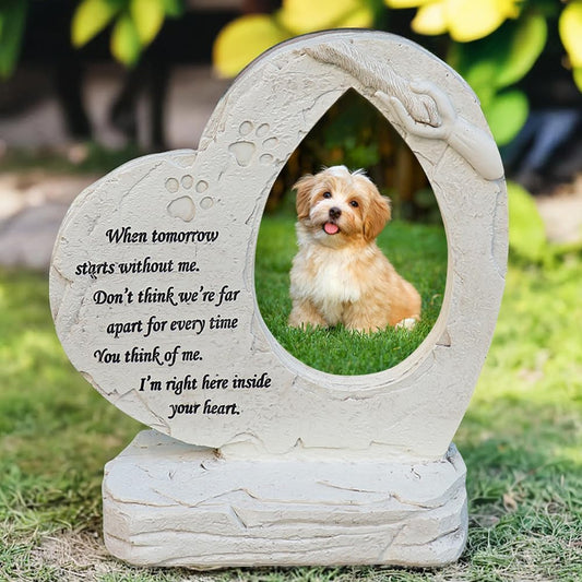 Heartfelt Heart Shaped Pet Memorial Stones with Photo Frame - Cherish Your Beloved Dog's Memory with Elegant Grave Markers for Indoor or Outdoor Use