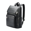Black leather backpack with multiple zippers on a white background