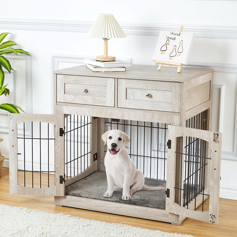 3-Doors Dog Crate Furniture with 2 Drawers