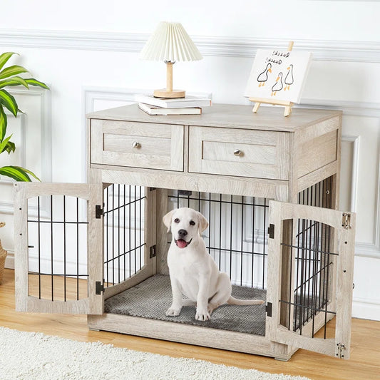 3-Doors Dog Crate Furniture with 2 Drawers
