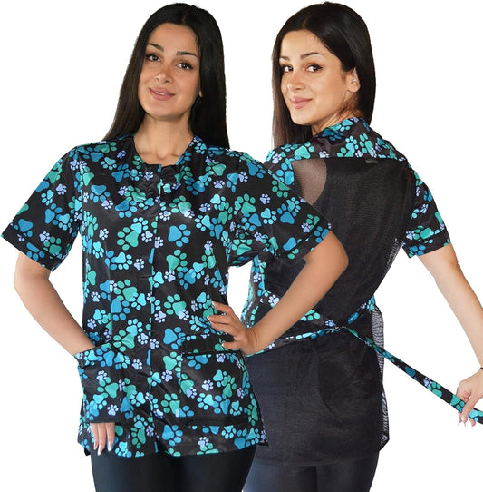 Blue Paw Print Dog Grooming Smocks for Women - Pet Groomers Jacket with Zipper Panel, Mesh Back, & Back Tie