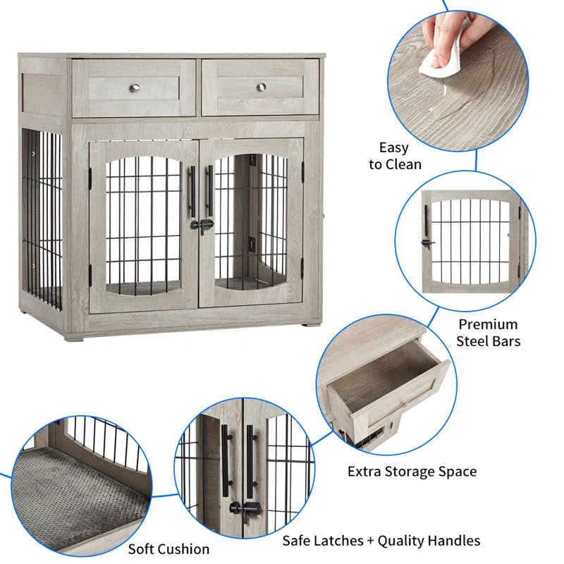3-Doors Dog Crate Furniture with 2 Drawers