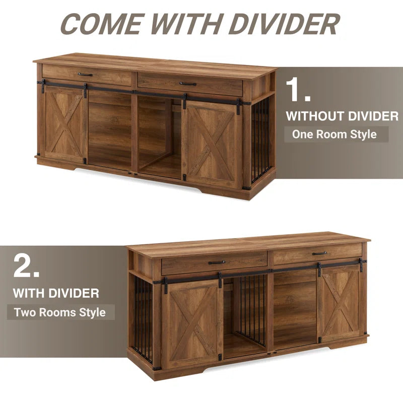 Barn Door Large Dog Crate Furniture with 2 Drawers and Divider