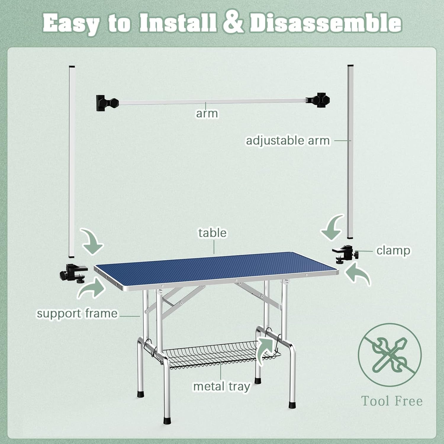 Premium 46'' Adjustable Dog Grooming Table for Large Breeds - Foldable Station with Arms, Noose & Mesh Tray, Supports Up to 300lbs - Stylish Blue Design