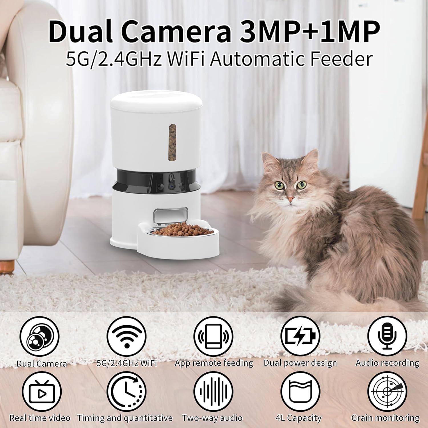 Automatic pet feeder with a cat next to it, featuring text about camera and WiFi capabilities.